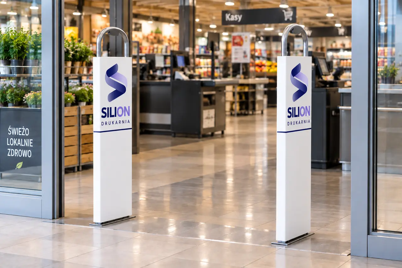 Wizualizacja nakładek reklamowych Silion zamontowanych na bramkach sklepowych EAS